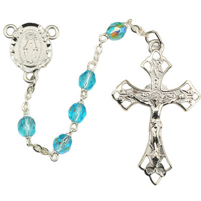 Miraculous Medal Aqua Rosary, 6mm beads