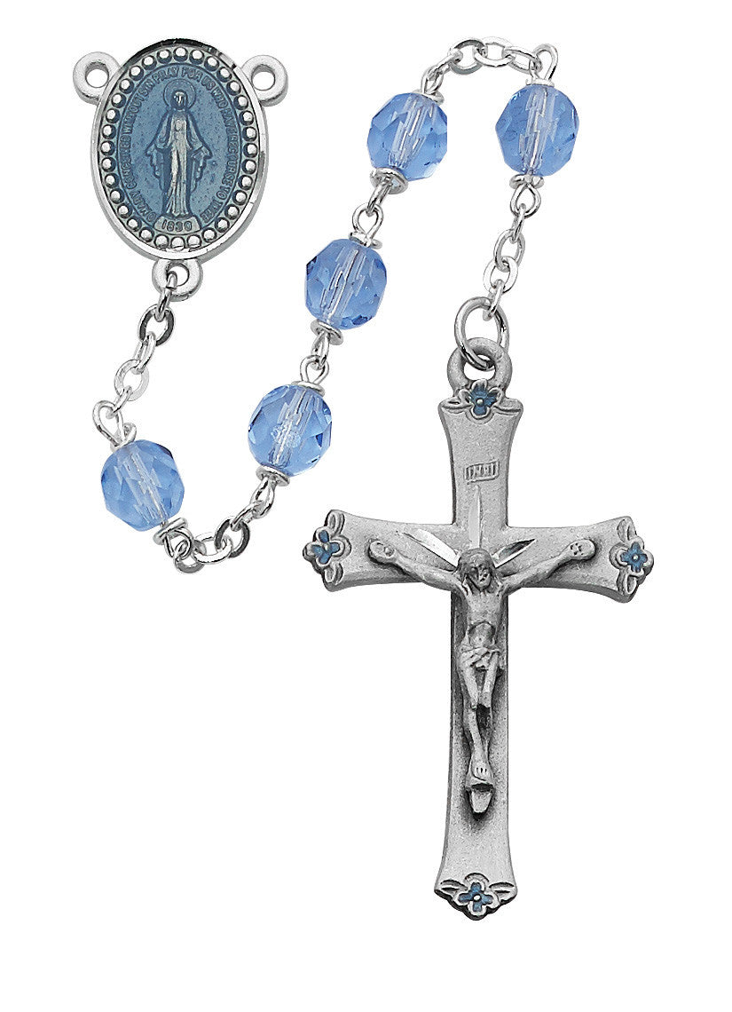 Miraculous Medal Blue Glass Rosary, 7mm beads