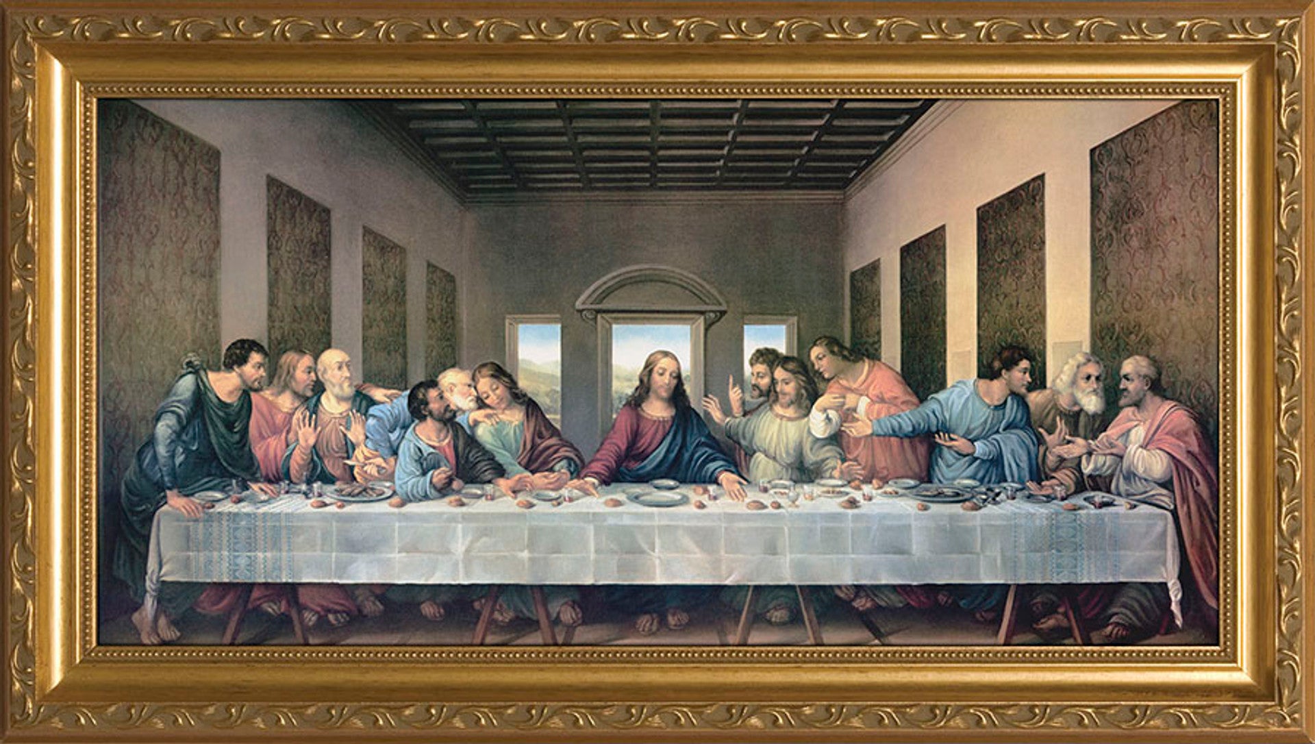 Last supper image with gold wood frame 14.5" x 26.5"