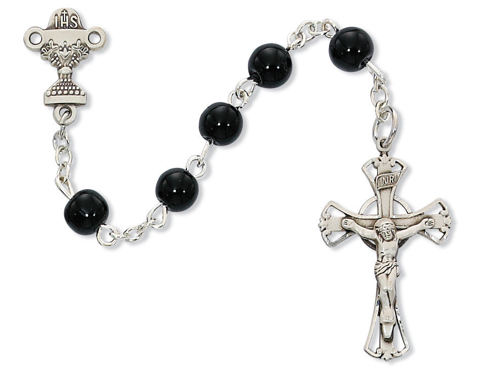 First Communion Black Glass Rosary, 5mm beads