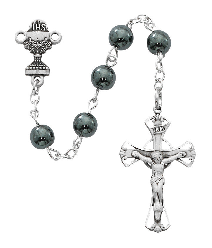 First Communion Genuine Hematite Rosary with Chalice centerpiece, 5mm beads