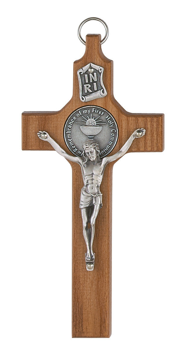 First Communion Crucifix, brown, 6" tall