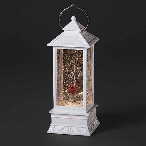 White Lantern with Cardinal Glitterdome, LED, 11" tall