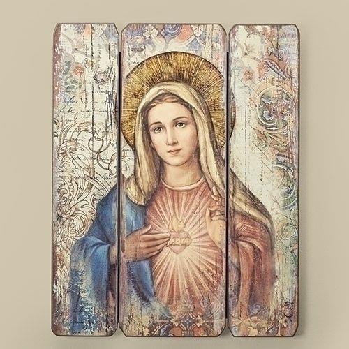 Immaculate Heart of Mary, 3-panel wood plaque, 15" tall