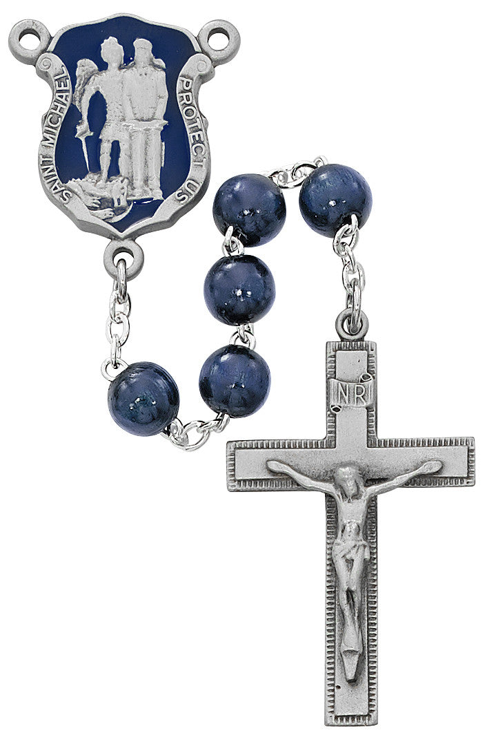 Dark Blue Wood Police Rosary, 8mm beads