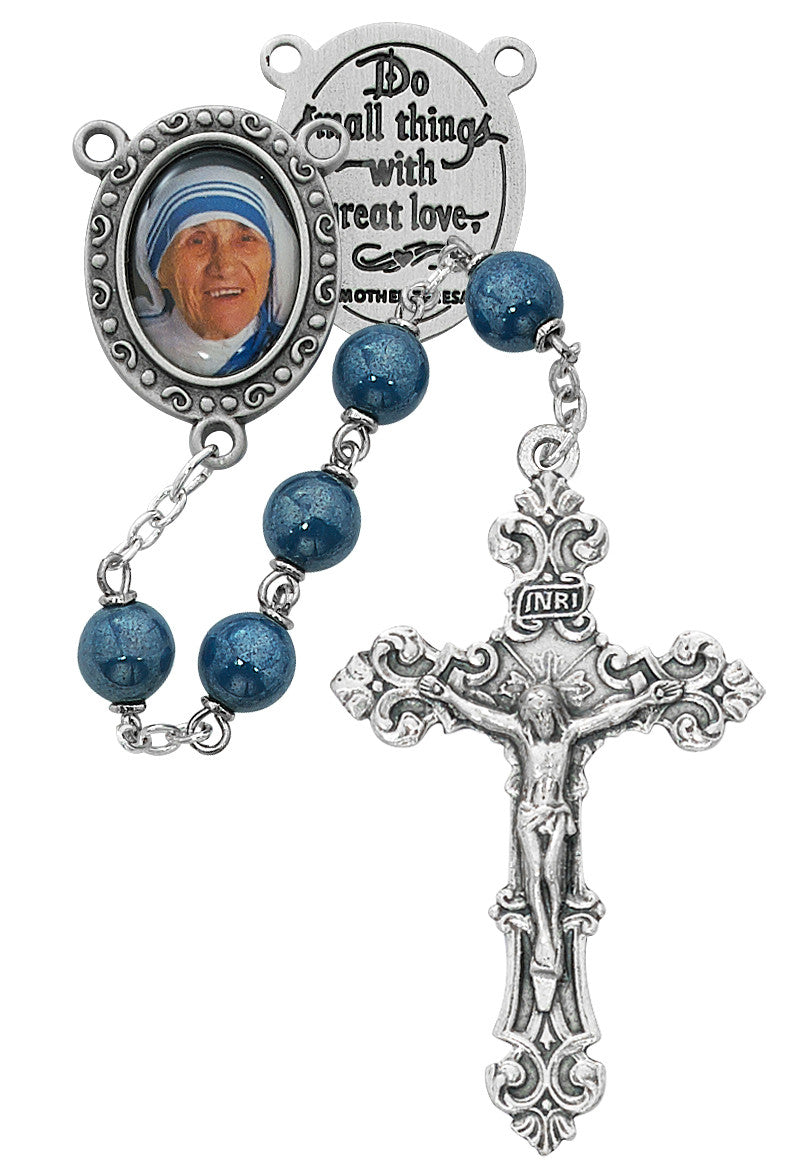 St. Mother Teresa blue & pearl Rosary, 7mm beads
