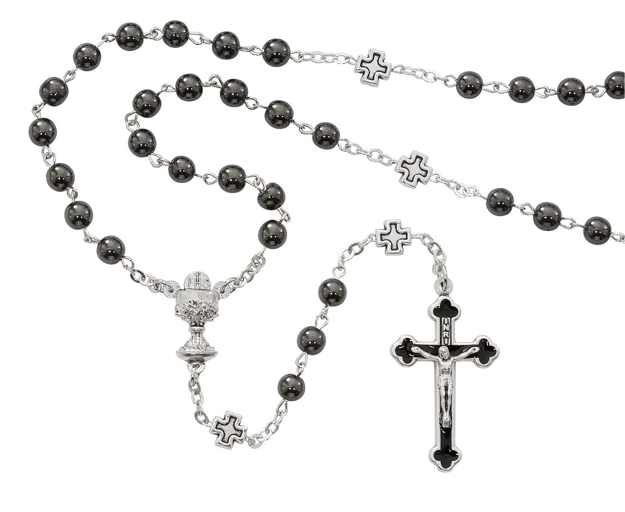 First Communion Hematite Rosary, 6mm Beads