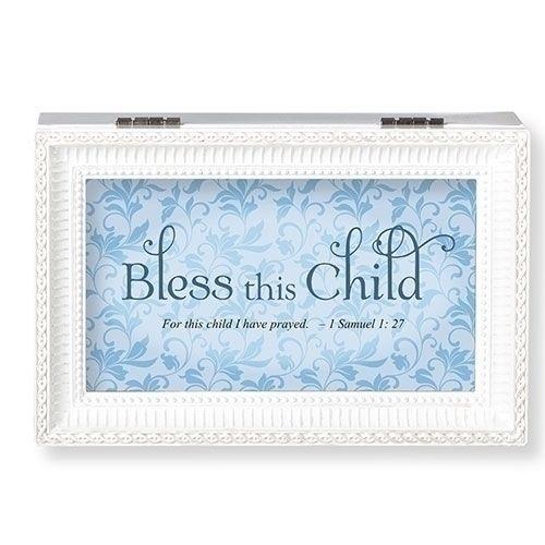 Bless This Child Music Box blue, Jesus Loves Me, 6.25" long