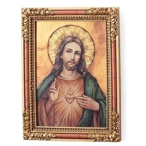 Sacred Heart of Jesus with ornate frame, 7.25" tall