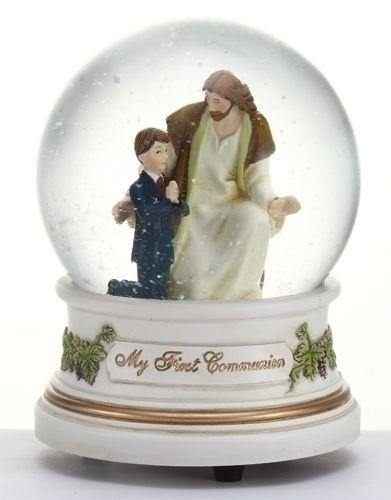 My First Communion, Boy with Jesus Glitterdome, 5.5" tall