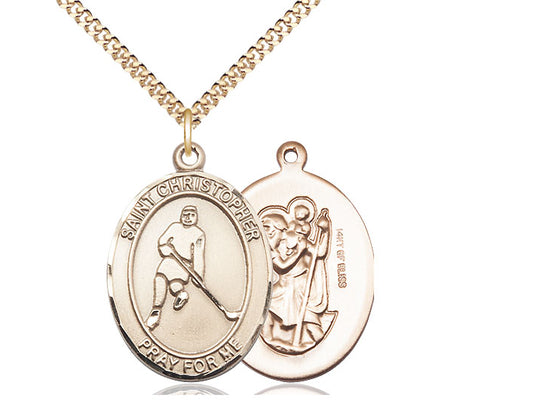 Ice Hockey with Saint Christopher medal S1552, Gold Filled