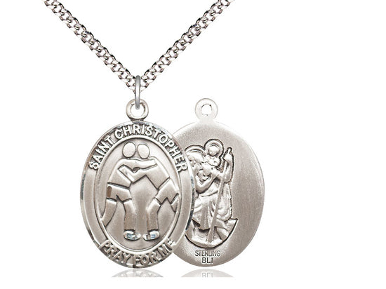 Wrestling with Saint Christopher medal S1591, Sterling Silver