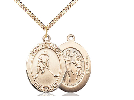 Ice Hockey with Saint Sebastian medal S1652, Gold Filled