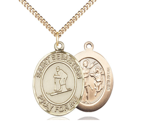 Skiing with Saint Sebastian medal S1692, Gold Filled