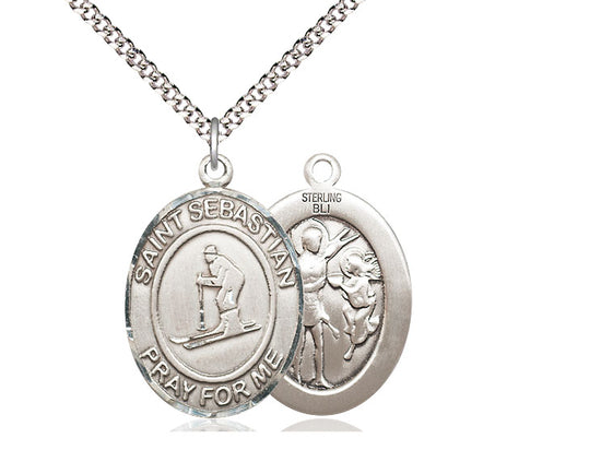 Skiing with Saint Sebastian medal S1691, Sterling Silver