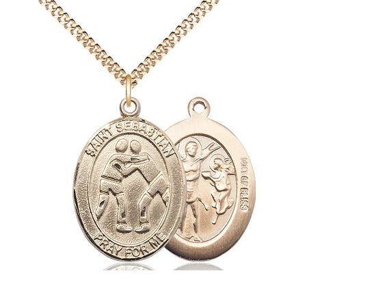 Wrestling with Saint Sebastian medal S1712, Gold Filled