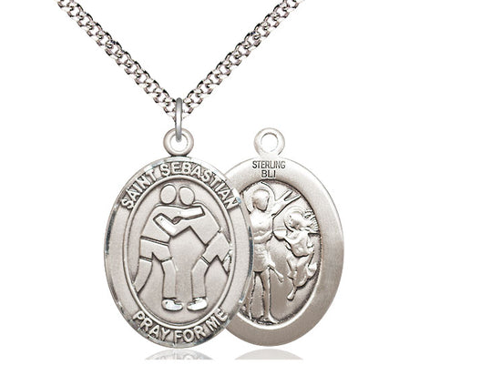 Wrestling with Saint Sebastian medal S1711, Sterling Silver
