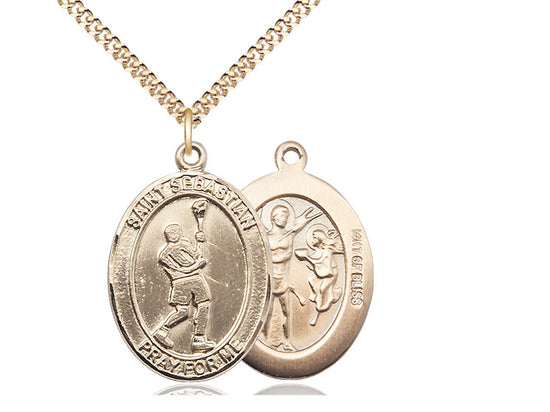 Lacrosse with Saint Sebastian medal S1742, Gold Filled