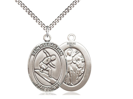 Surfing with Saint Sebastian medal S1751, Sterling Silver