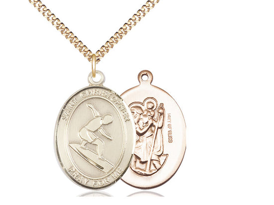Surfing with Saint Christopher medal S1842, Gold Filled