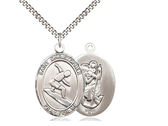 Surfing with Saint Christopher medal S1841, Sterling Silver