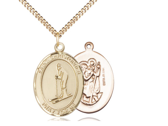 Skiing with Saint Christopher medal S1932, Gold Filled