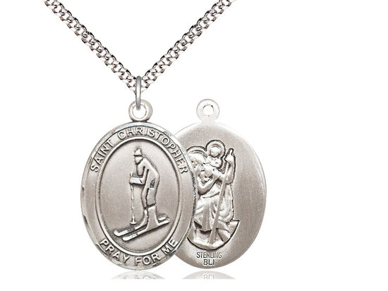 Skiing with Saint Christopher medal S1931, Sterling Silver