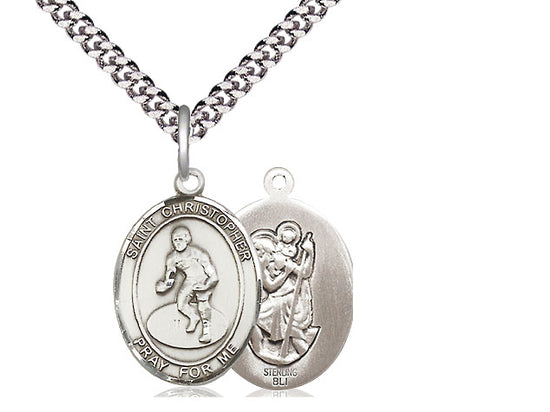 Wrestling with Saint Christopher medal S5081, Sterling Silver