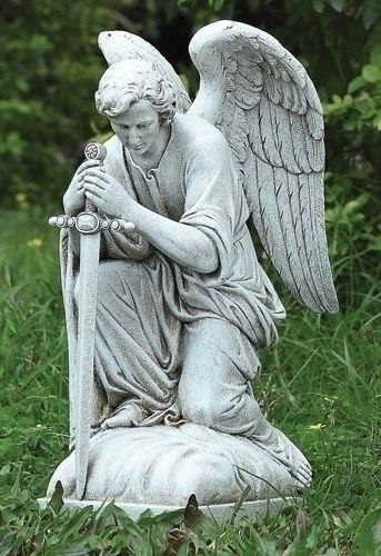 Kneeling angel with sword garden statue, 13.25" tall