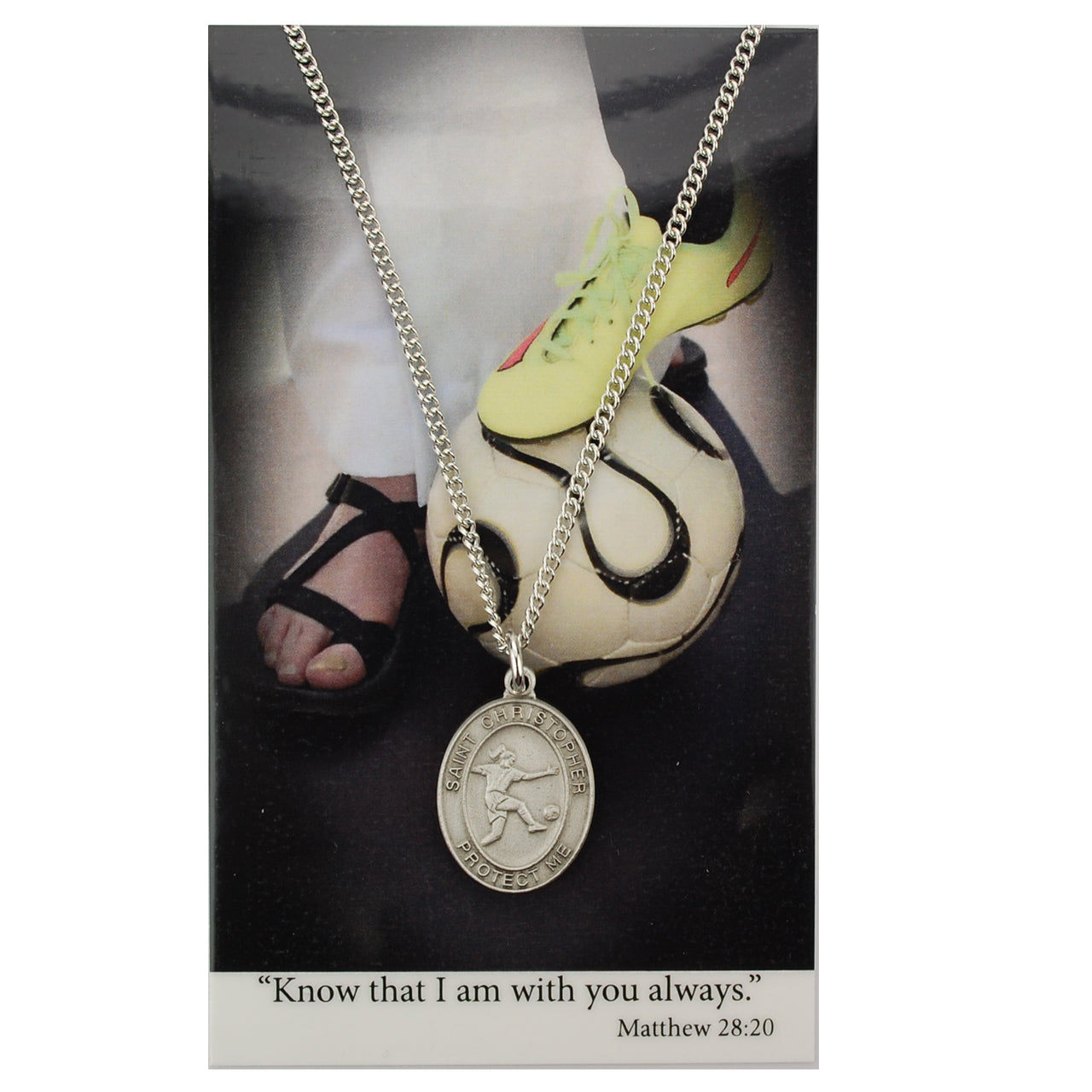 Girls Soccer Medal with 18" chain and Prayer Card Set