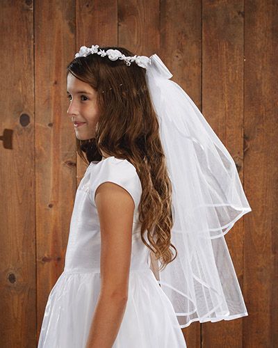 First Communion Veil with Floral Wreath and satin bow