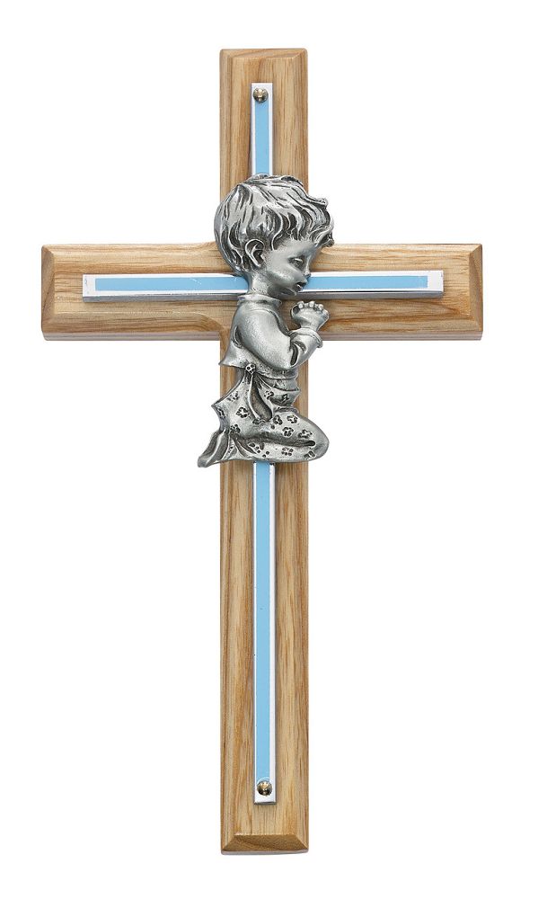 Oak Cross with Silver & Blue inlay and praying boy, 7" tall