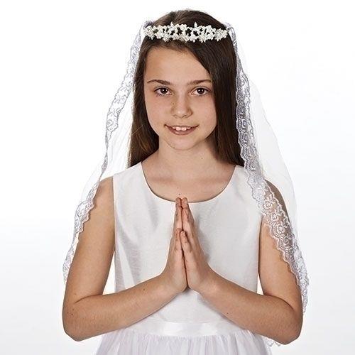 Pearl and Lace Tiara Veil, 27" long