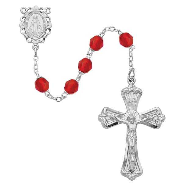 Miraculous Medal Red Ruby Rosary, 6mm beads