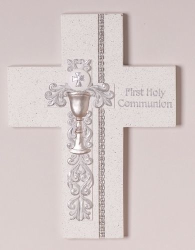 First Communion Silver Scroll Design Cross, 7.5" tall