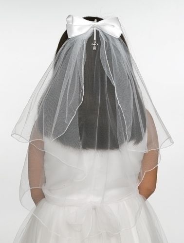 First Communion Veil with Bow and Cross Charm, 25" long