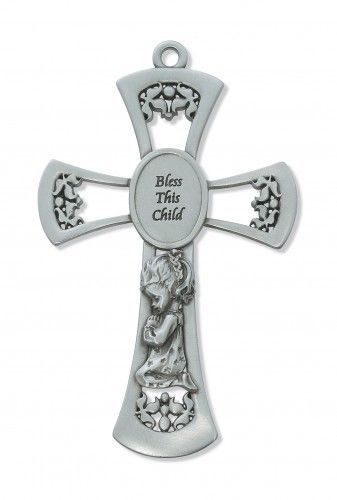 Bless this Child, Baby Girl Cross, pewter, 6" tall