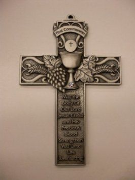 First Communion wall cross, pewter, 5"