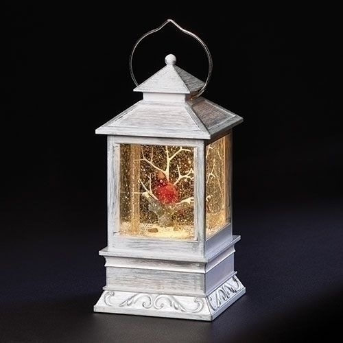 Light Grey Lantern with Cardinal, LED Glitterdome, 8.5" tall