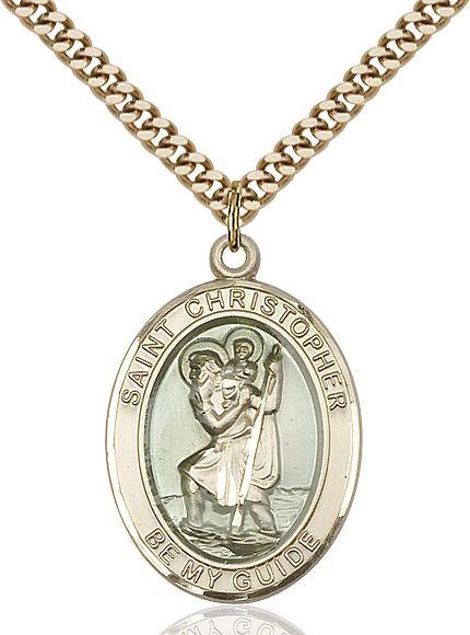 Saint Christopher medal S022E2, blue enameled, Gold Filled