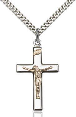 Crucifix, polished Sterling Silver and Gold Corpus with 24" chain