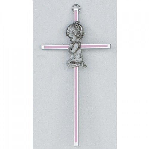 Silver & Pink Cross with Girl, 6" tall
