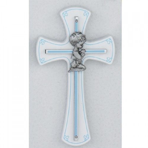 White Wood Cross with praying boy, 7" tall