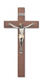 Walnut Crucifix with Silver & Gold Corpus, 10" tall