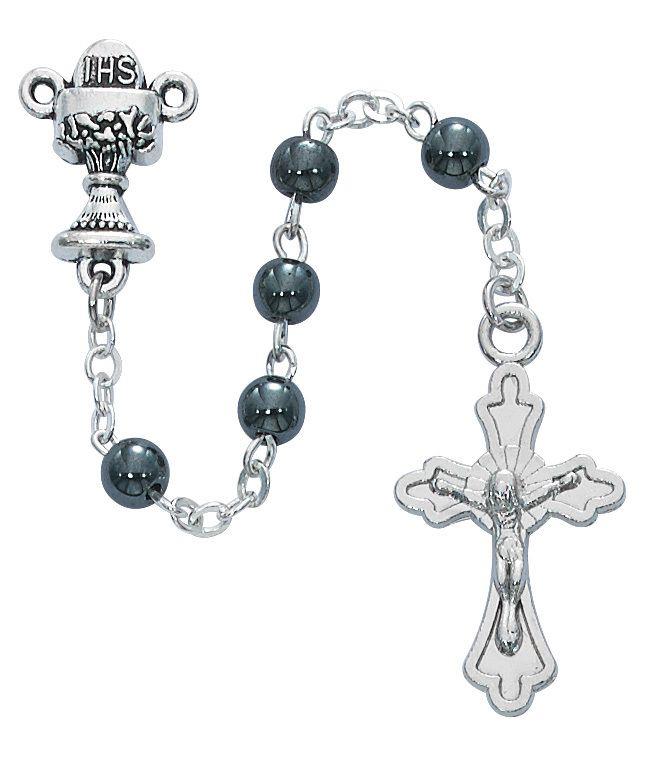First Communion Rosary with Chalice centerpiece and Hematite beads