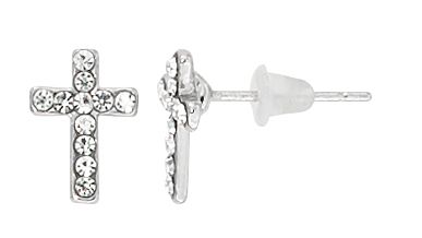 Silver Crystal Cross Earrings