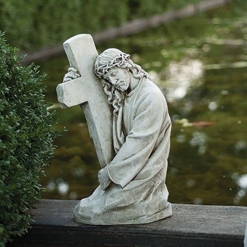 Jesus with Cross, garden statue, 17.75" tall