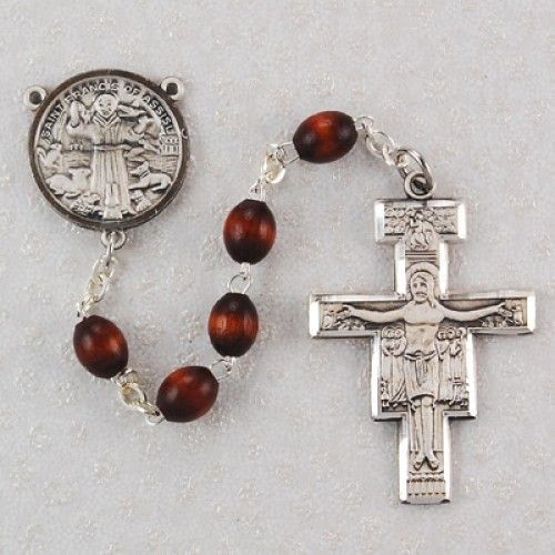 San Damiano Rosary, Sterling Silver, 4x6mm wood beads