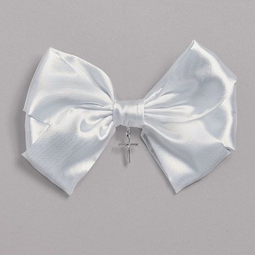Satin Barrette Bow with Small Cross, 4" long