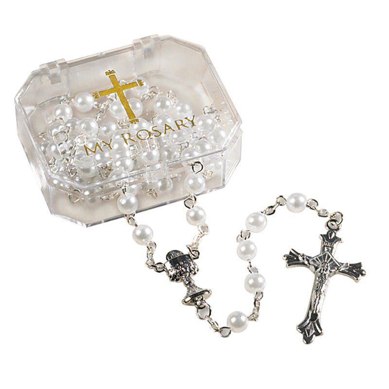 First Communion White Rosary with case